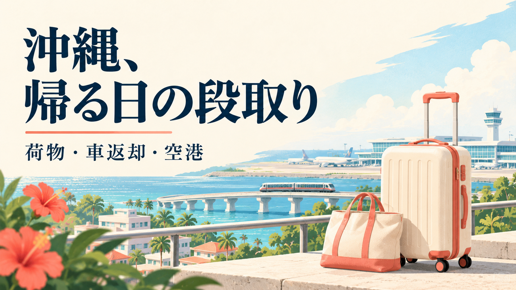 スーツケースと那覇の街、モノレール、空港を組み合わせた沖縄旅行最終日のイラスト