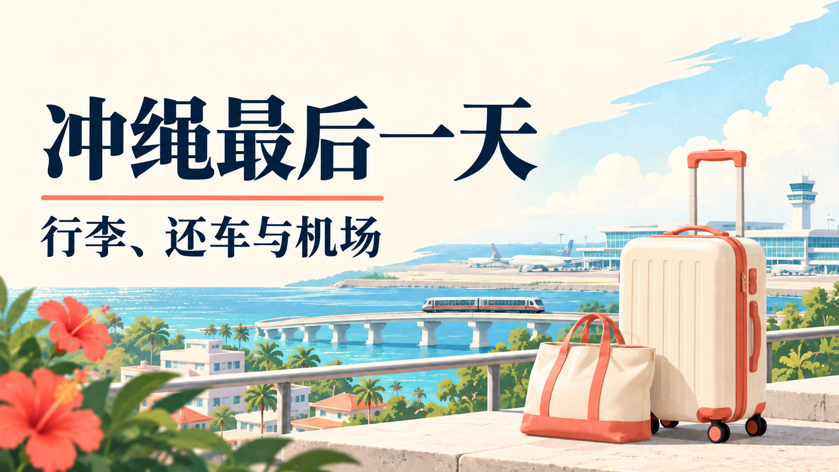 以行李箱、那霸街道、单轨电车和机场表现冲绳旅行最后一天的插画