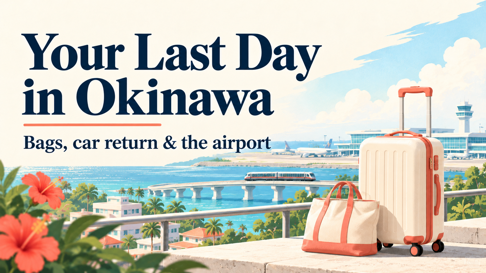 Illustration of a suitcase, Naha streets, a monorail and an airport for the final day of an Okinawa trip