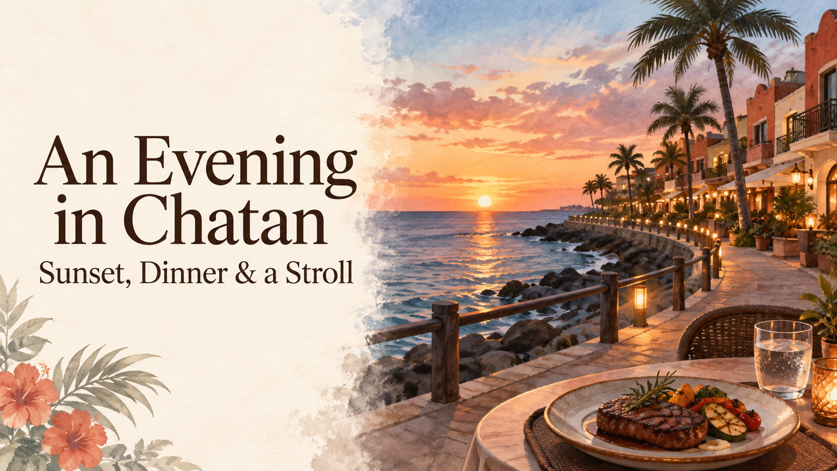 Illustration of a seaside sunset, illuminated streets and dinner in Chatan
