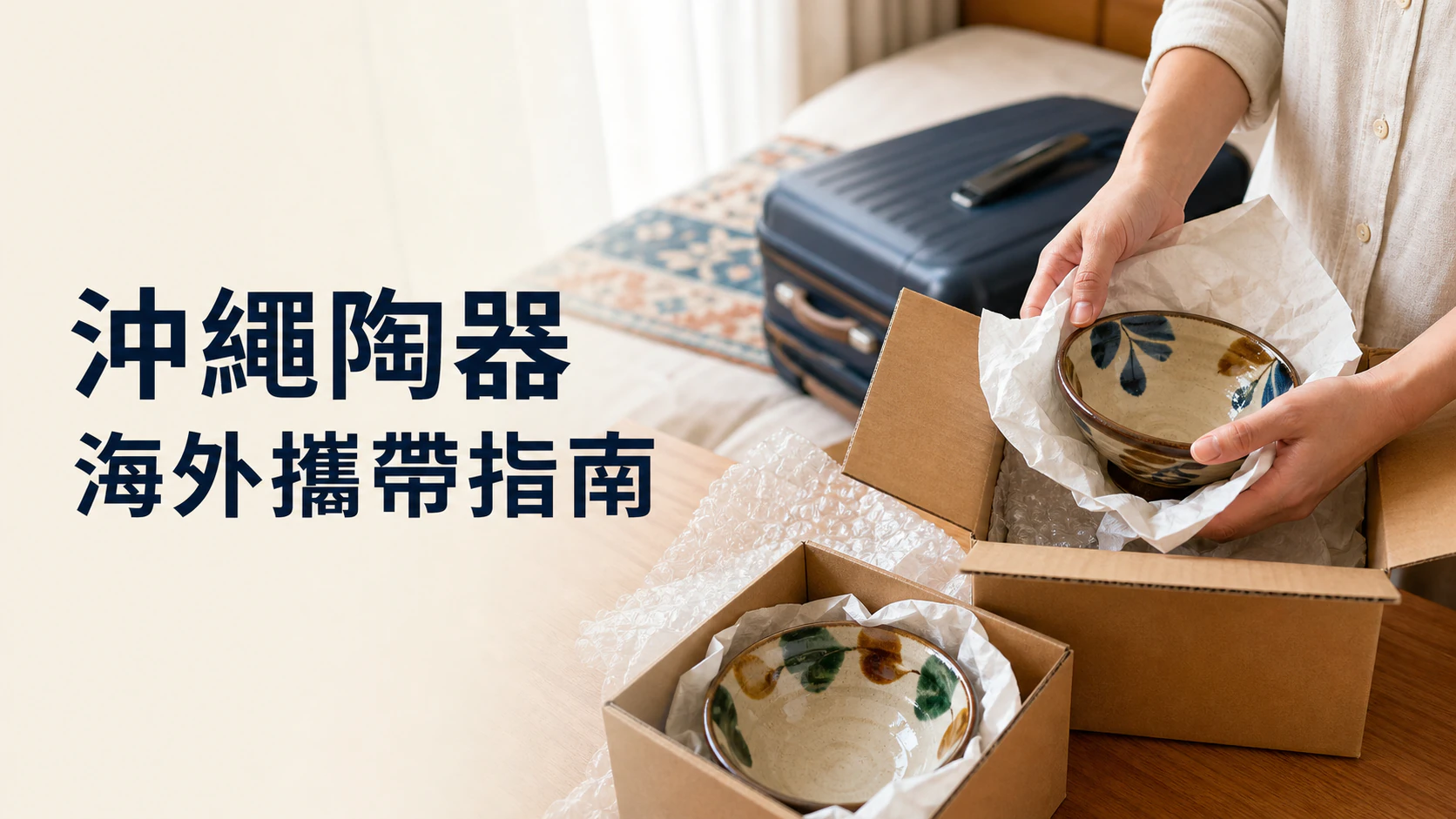 旅客以緩衝材料與紙箱包裝在沖繩購買的 Yachimun 陶器，準備帶回海外