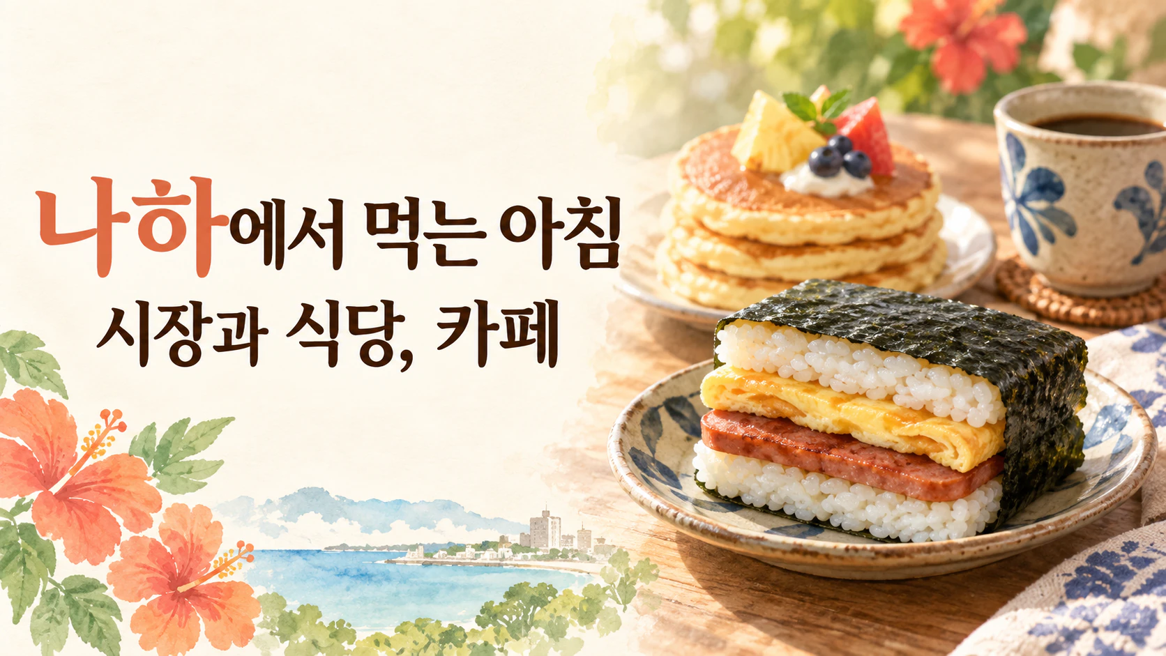 아침 햇빛 아래 놓인 포크 타마고 주먹밥, 팬케이크와 커피 일러스트