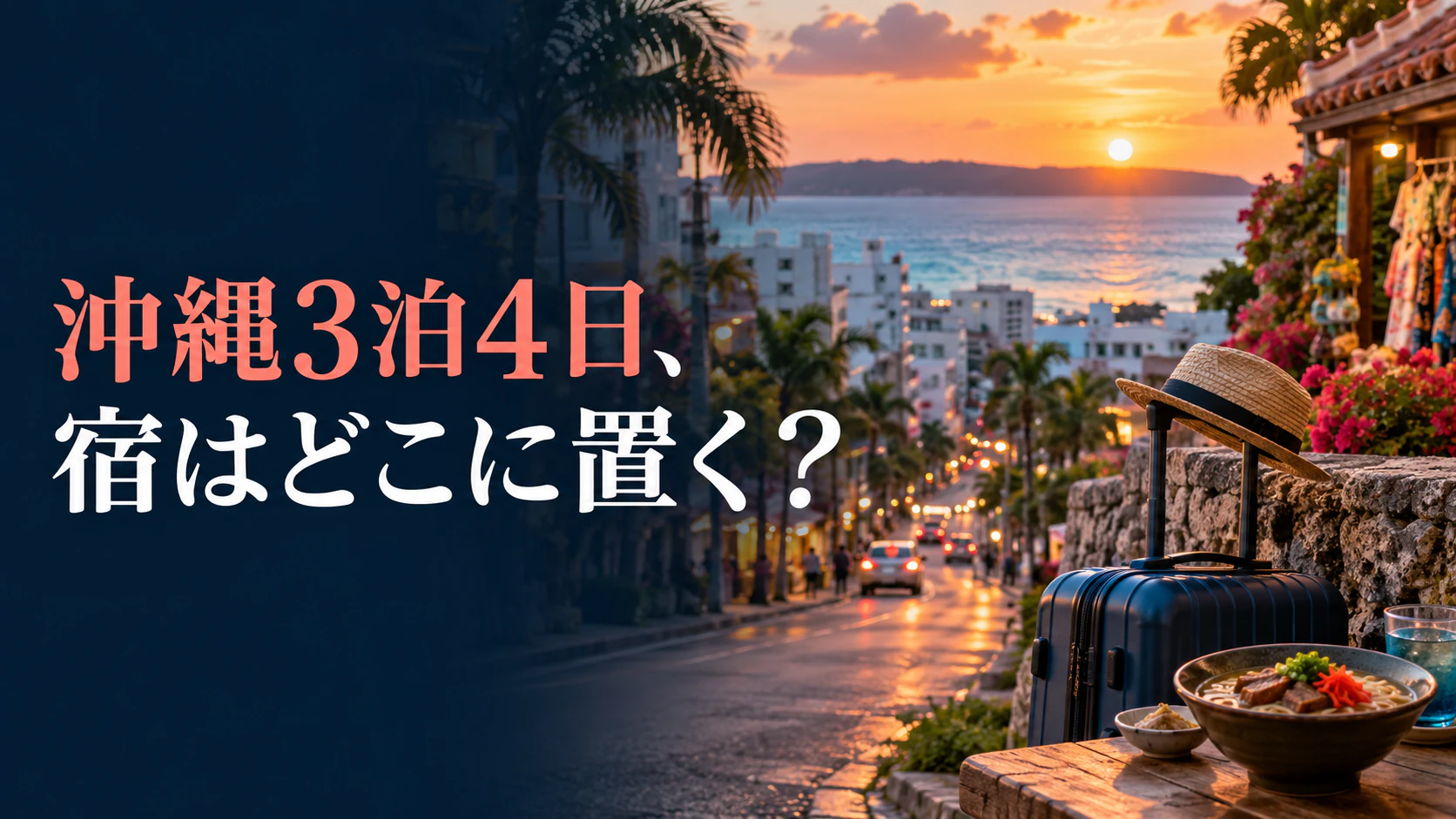 那覇の街、沖縄の海、食事と買い物を3泊4日で組み合わせる旅行計画のイメージ