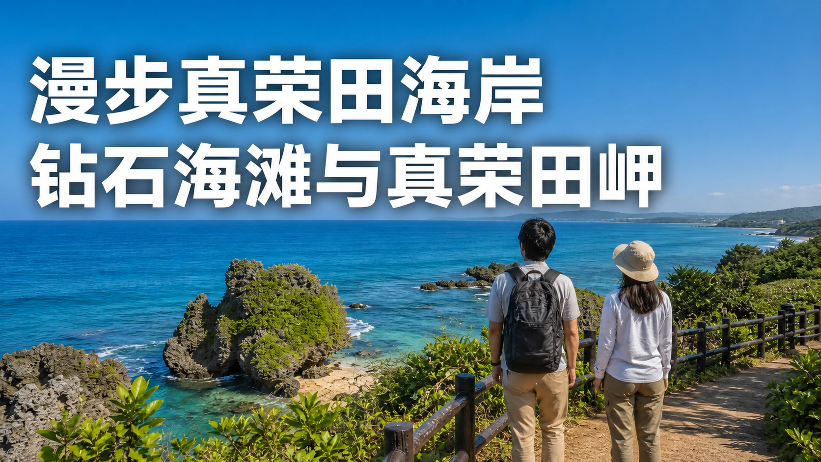 旅行者漫步在恩纳村真荣田蓝色海岸旁