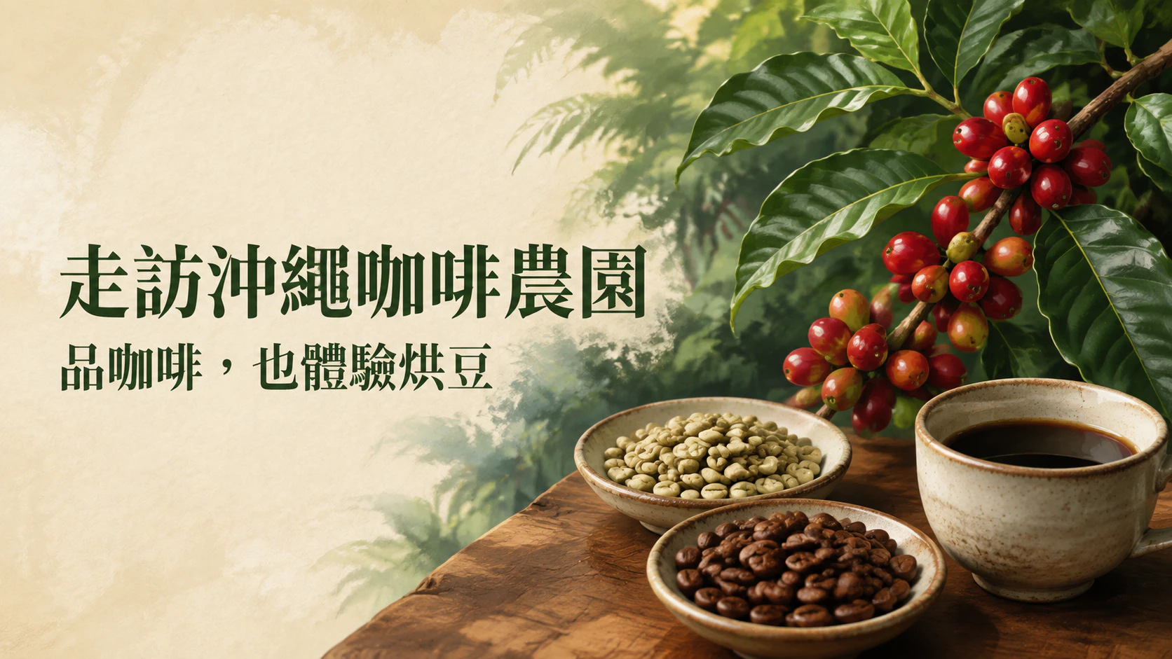 以紅色咖啡果、烘焙豆與咖啡杯呈現農園體驗的插畫