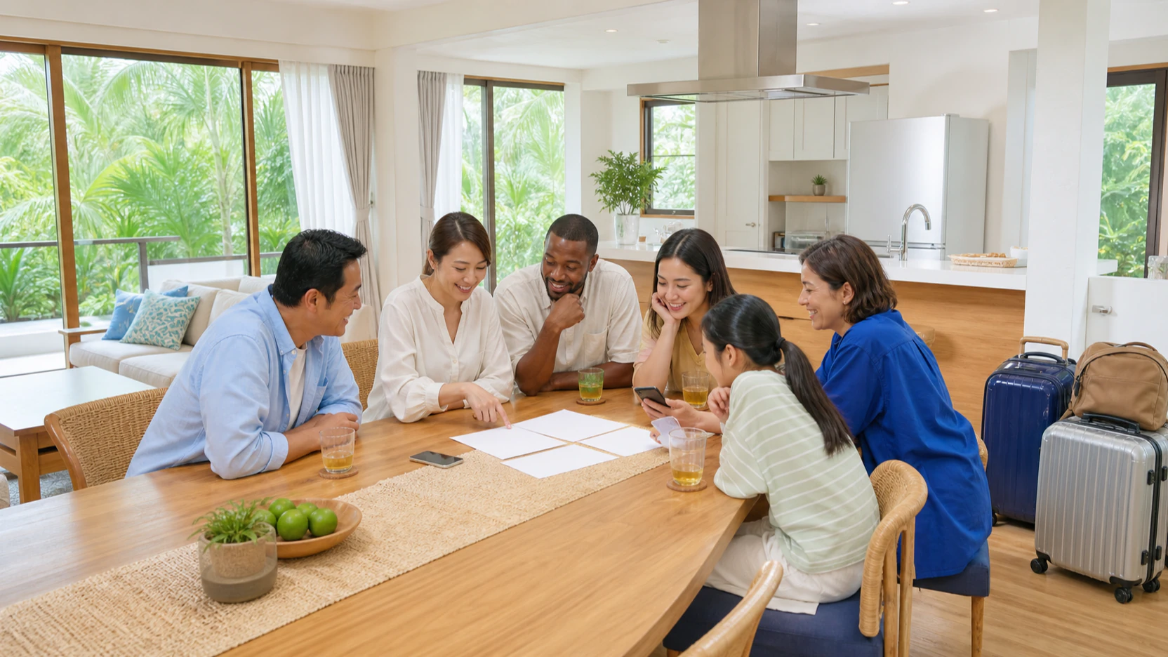 A large group planning an Okinawa stay together in the living and dining area of a private home