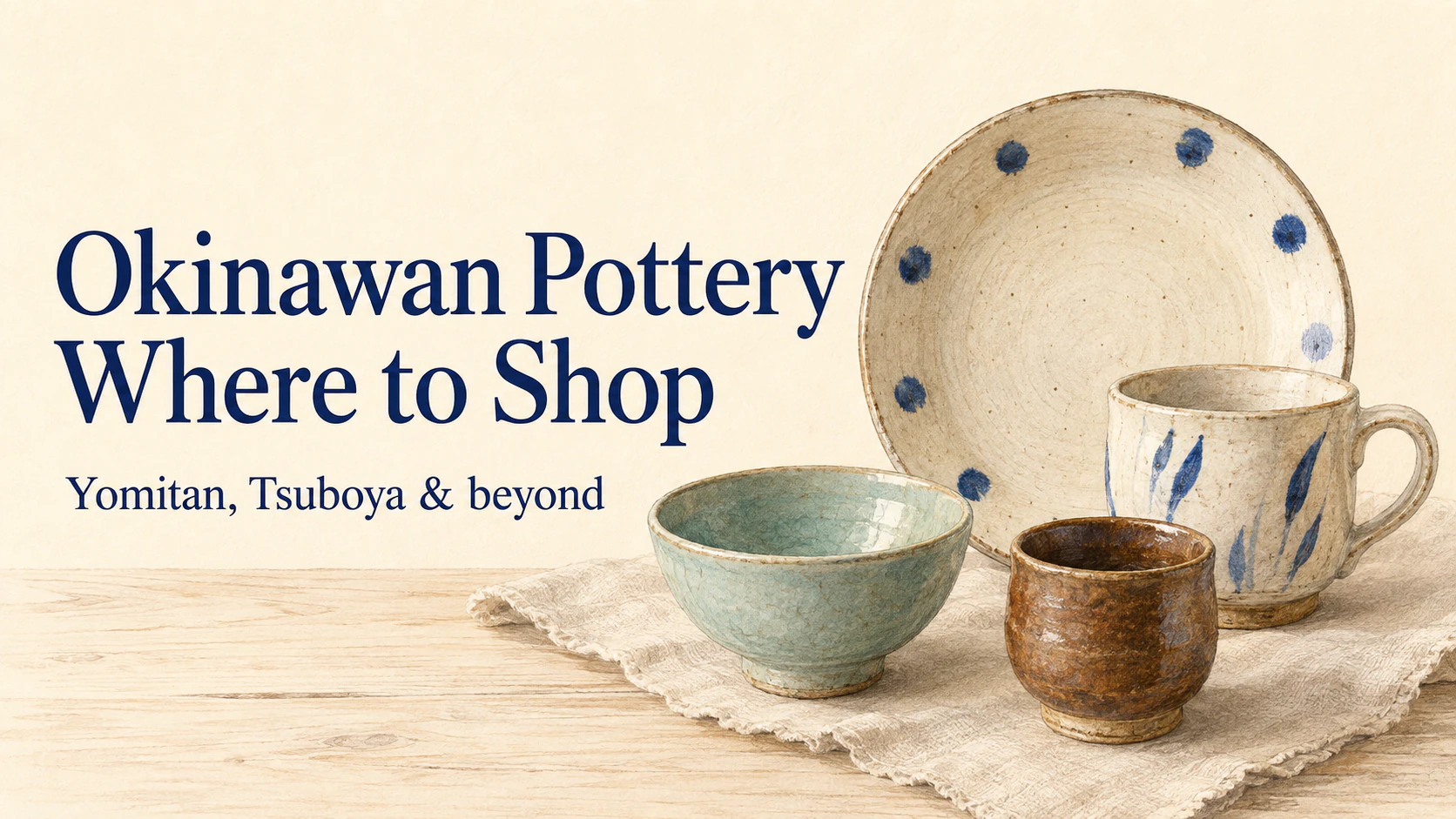 Illustration of an Okinawan-style pottery plate, a mug, a bowl and a small cup