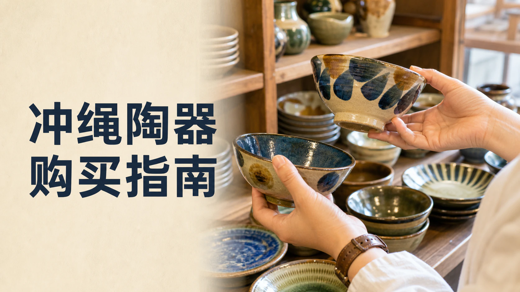 游客拿起冲绳Yachimun陶器，比较尺寸和釉色效果