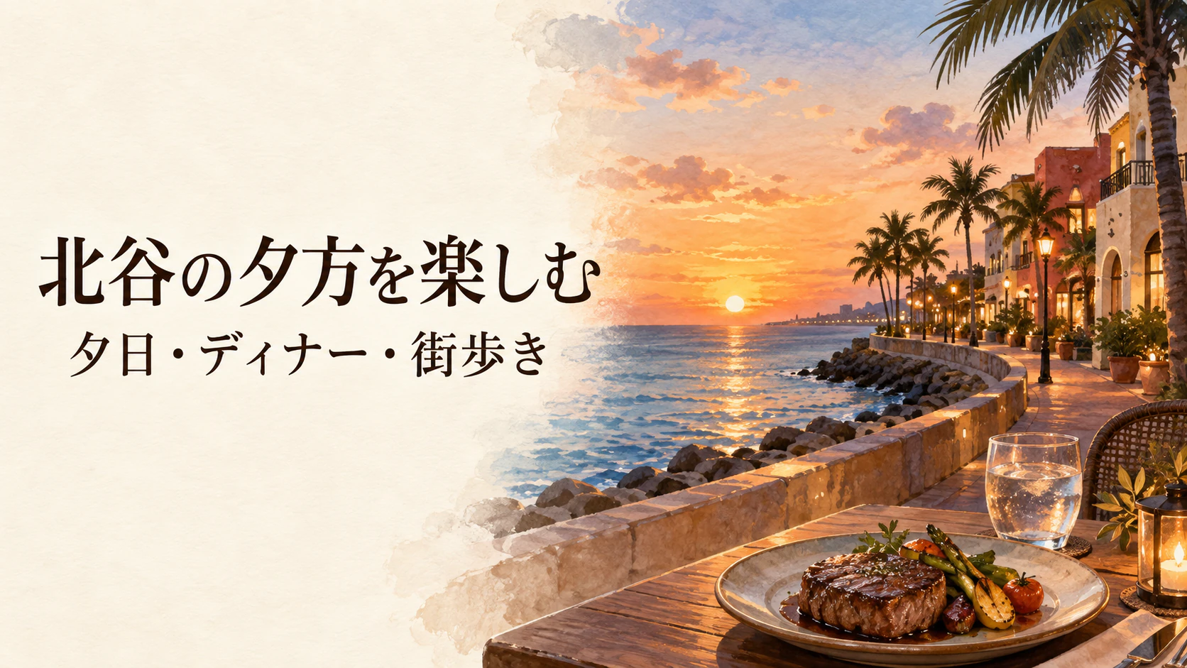 北谷の海辺の夕景と明かりが灯る街、夕食を描いたイラスト