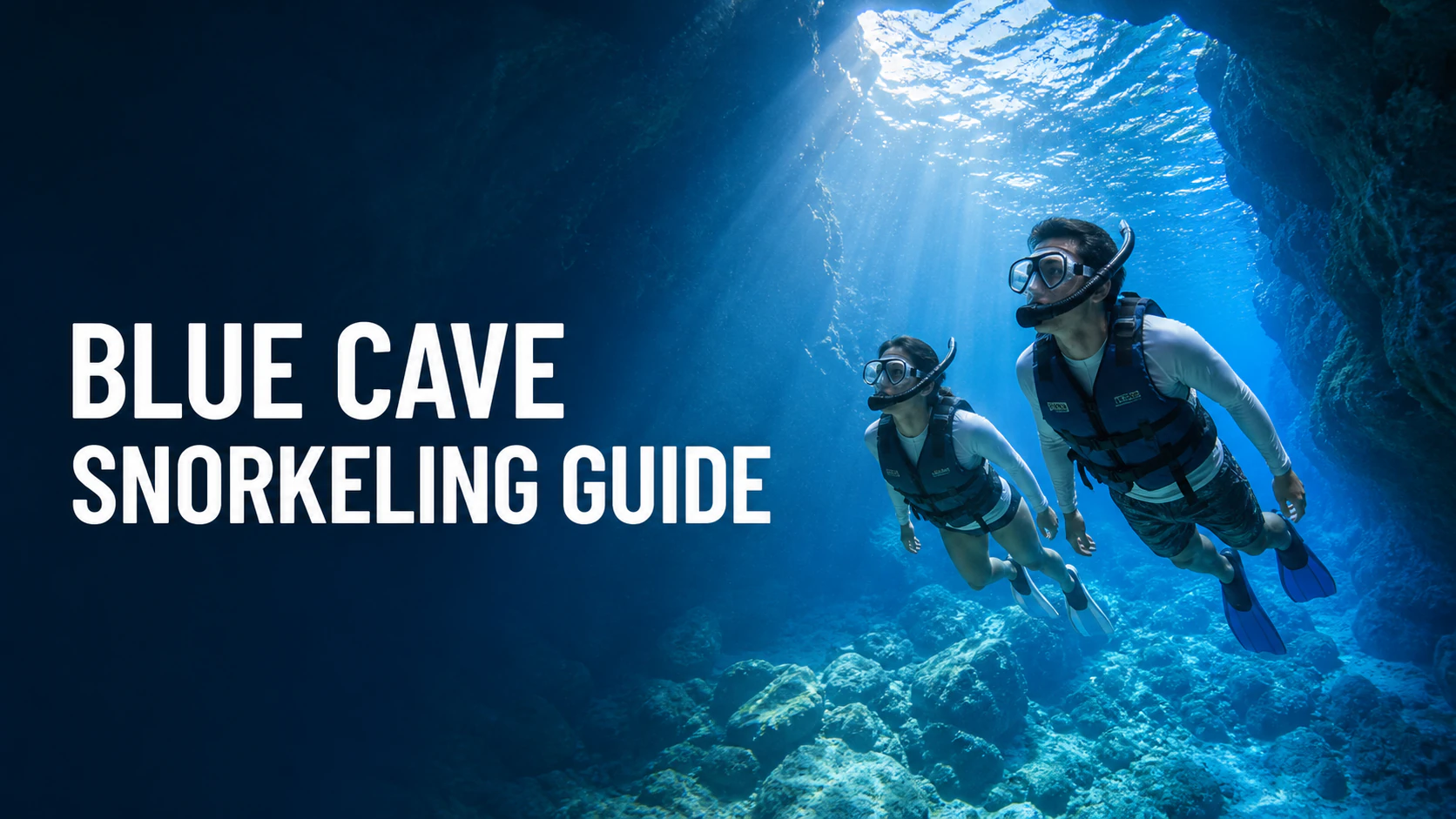 Travelers snorkeling inside a blue-lit sea cave in Okinawa