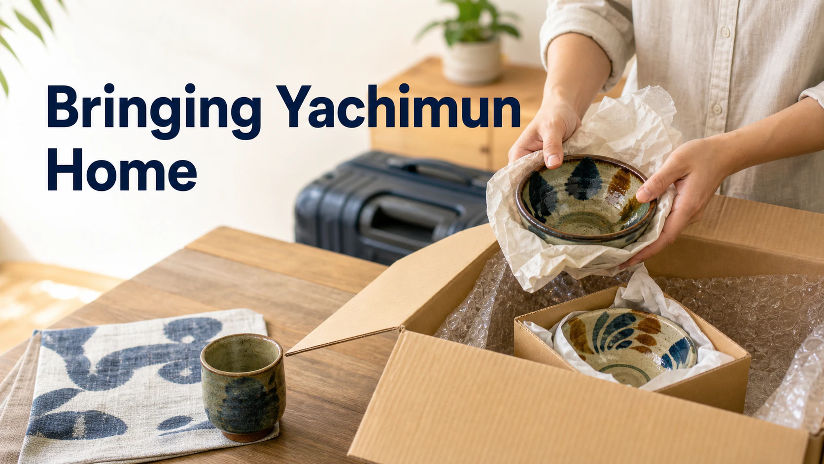 A traveler packing Okinawan yachimun pottery in cushioning and boxes for an overseas flight