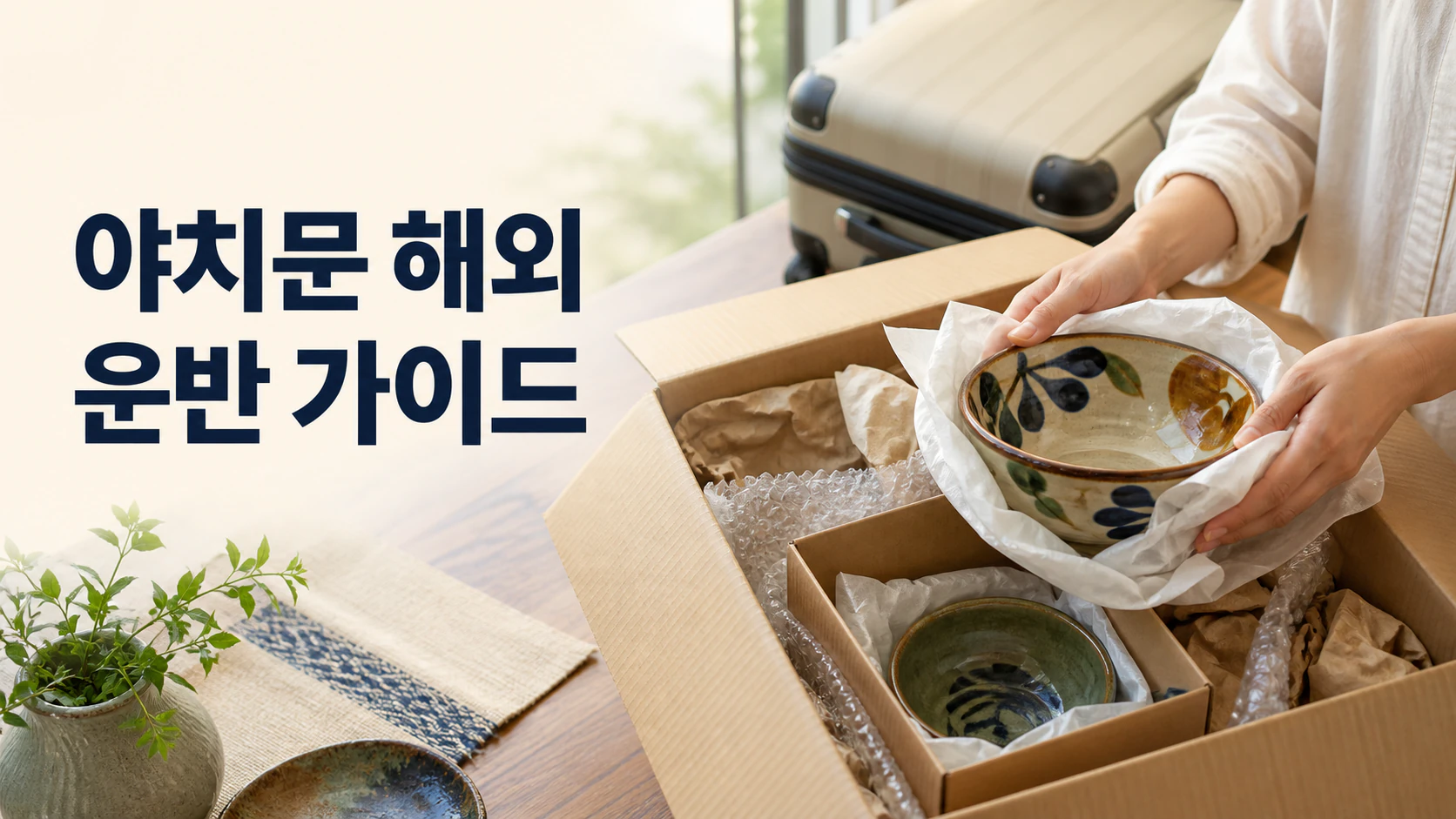 오키나와에서 산 야치문을 완충재와 상자로 포장해 해외로 가져갈 준비를 하는 여행자