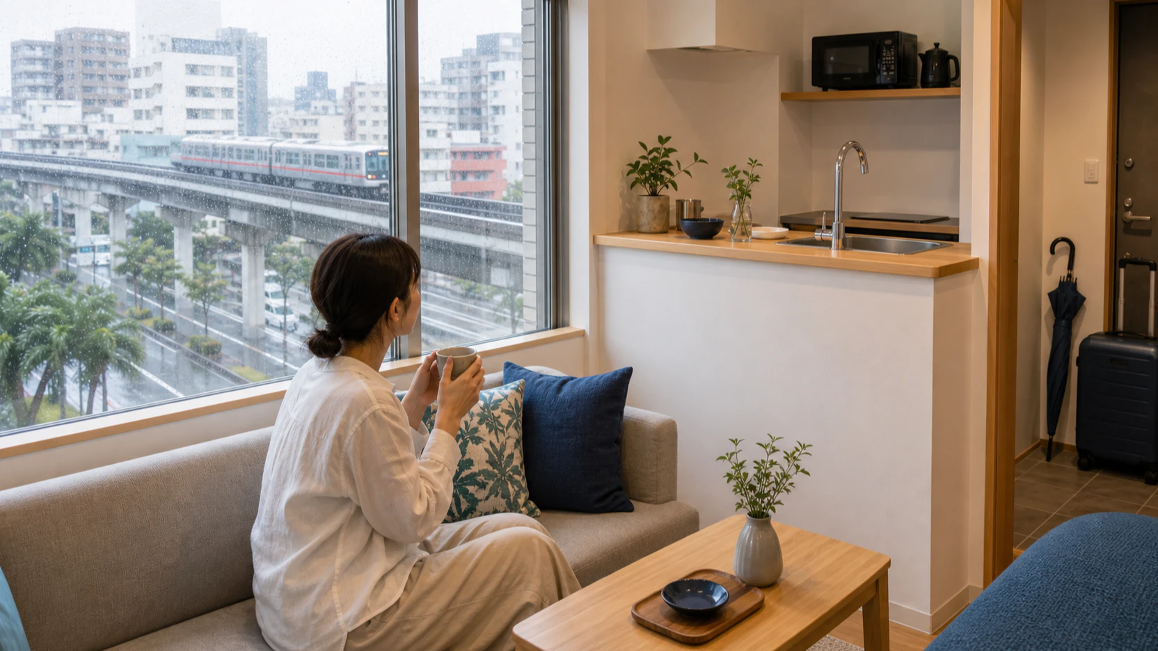 Travelers walking near a Yui Rail station in rainy Naha with a comfortable private room as their base