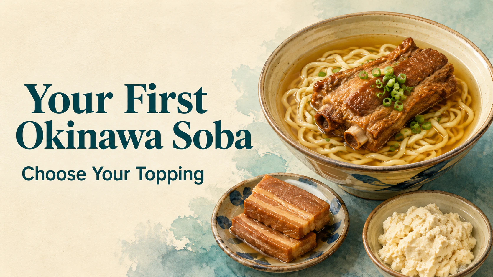 Illustration of pork and yushi tofu bowls representing Okinawa soba toppings