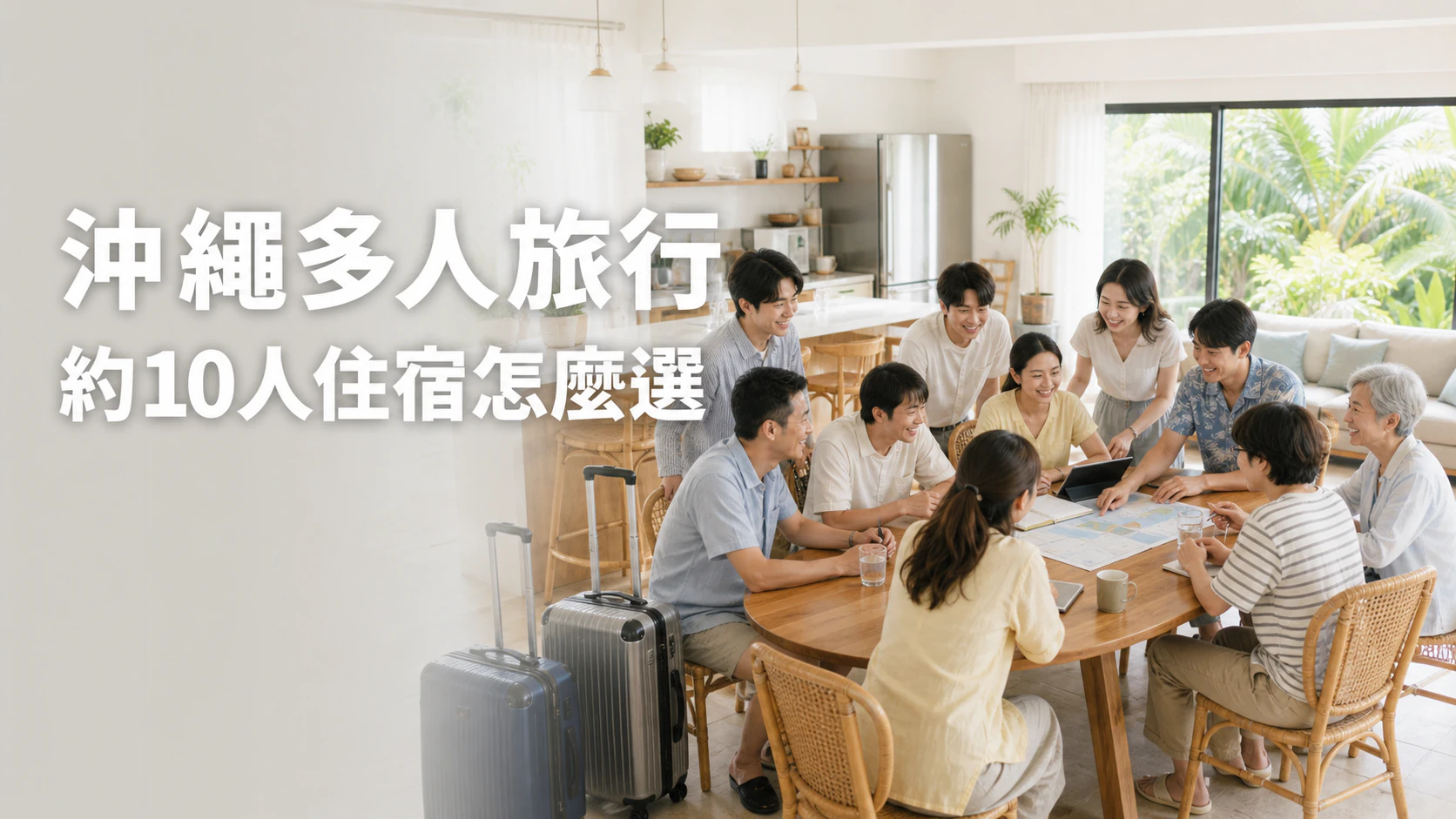 多人旅客在沖繩包棟住宿的客廳裡討論住宿選擇