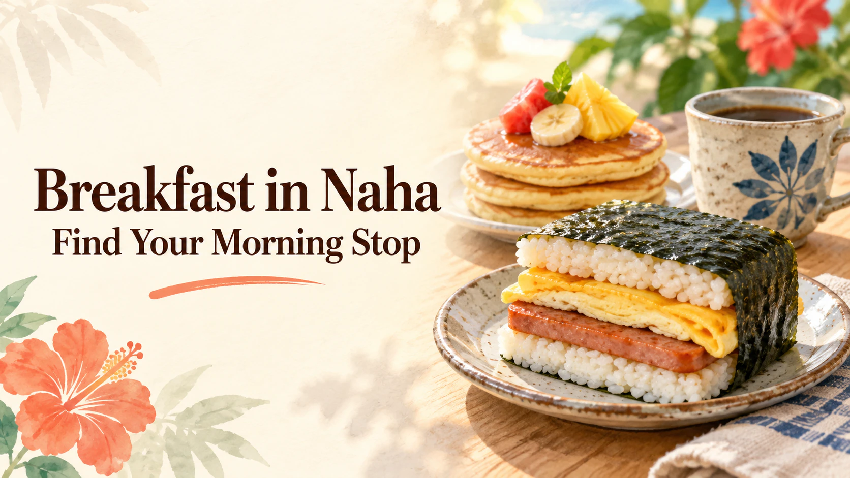 Illustration of a pork-and-egg rice sandwich, pancakes and coffee in morning light