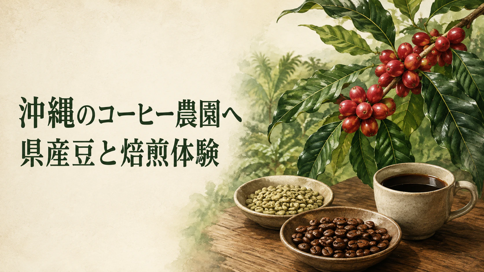 コーヒーの赤い実と焙煎豆、カップを描いた農園体験のイラスト
