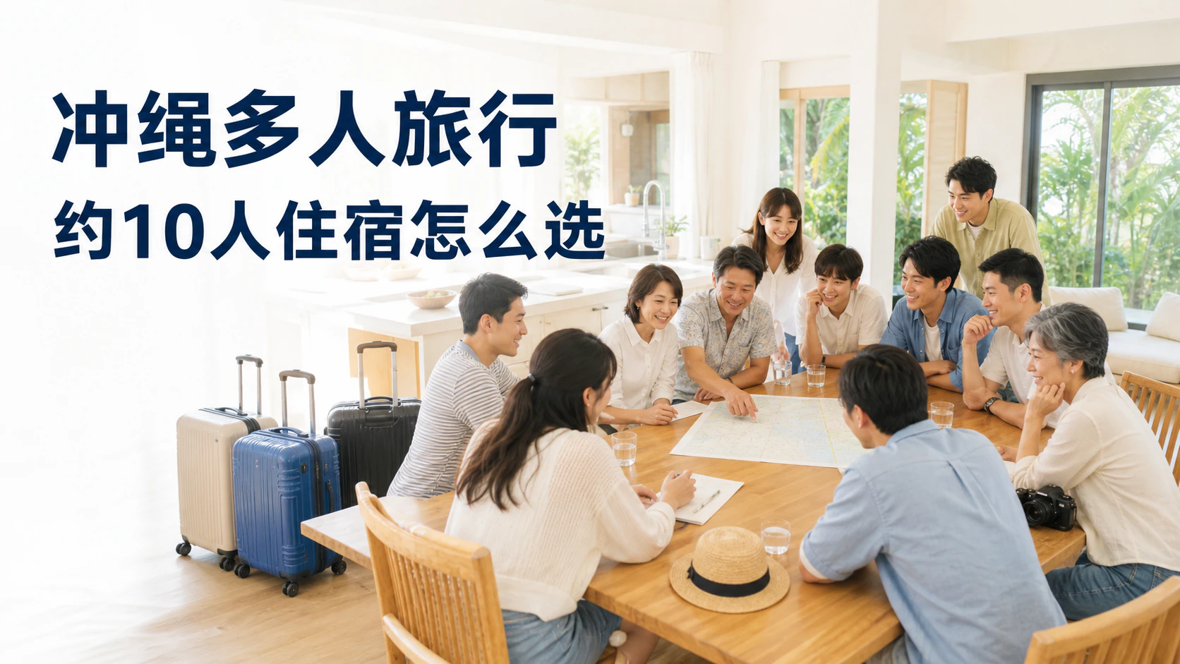 多人旅行者在冲绳整栋住宿的客厅里讨论住宿选择