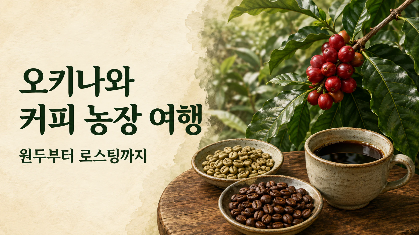 빨간 커피 열매와 볶은 원두, 커피잔으로 농장 체험을 표현한 일러스트
