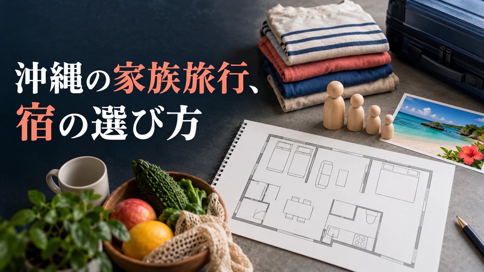 家族・親族で泊まる沖縄の宿を、部屋割り・洗濯・買い出しで比較するイメージ