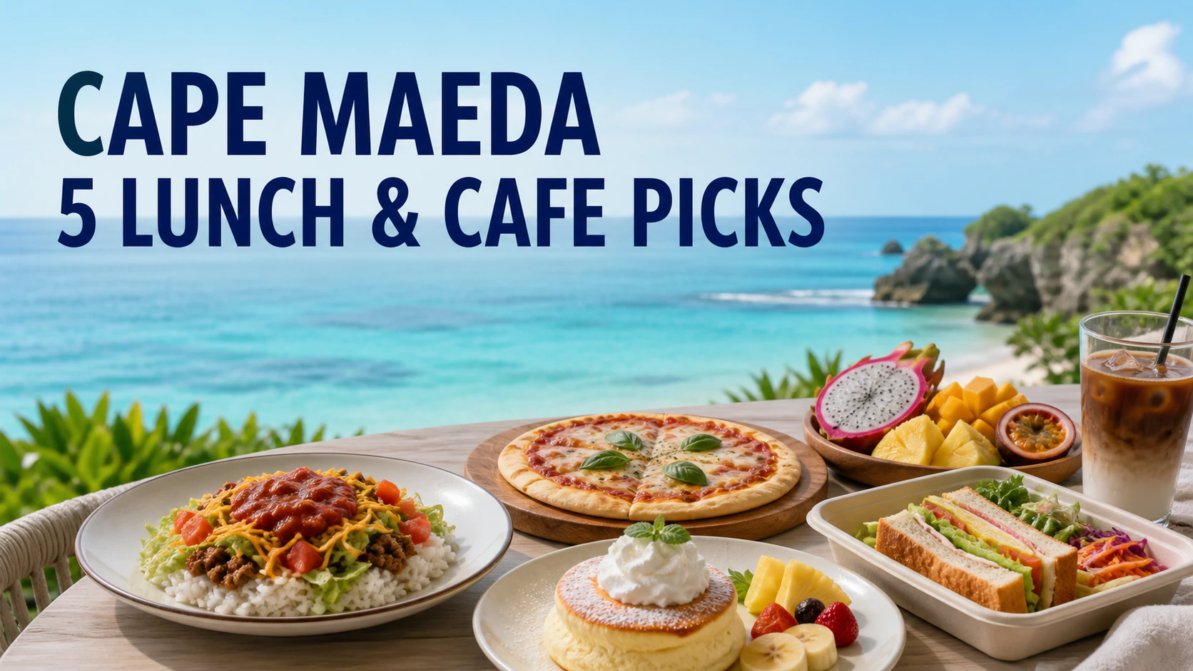 Lunch and cafe dishes arranged on a table overlooking the Okinawa sea near Cape Maeda