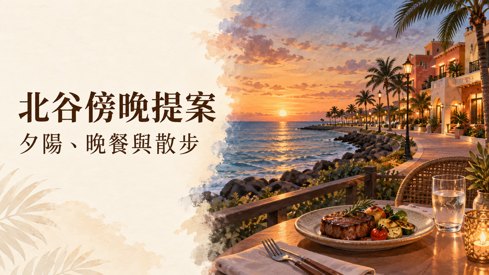 描繪北谷海邊夕景、亮起燈光的街區與晚餐的插畫
