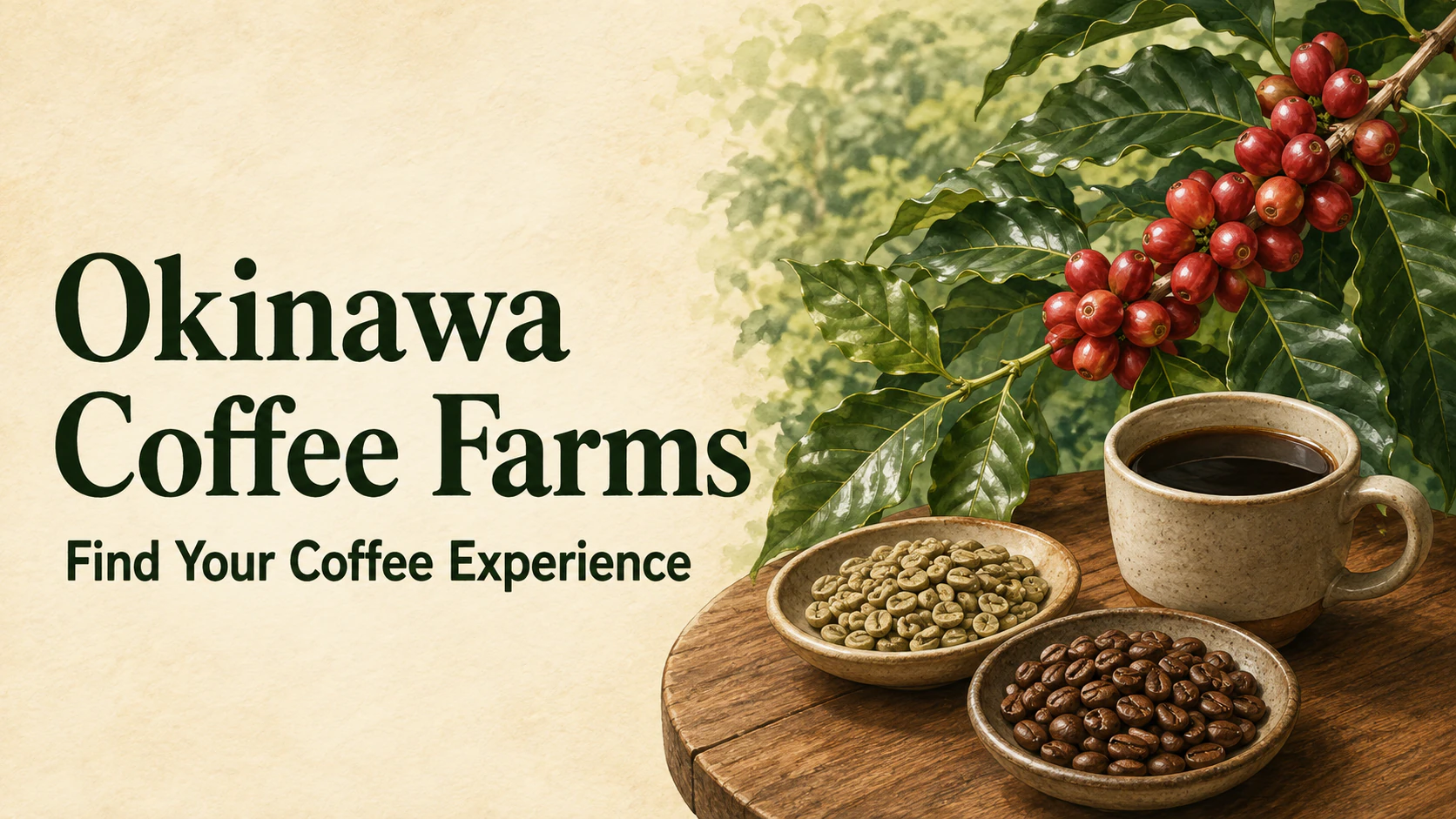 Illustration of red coffee cherries, roasted beans and a cup for a coffee farm experience