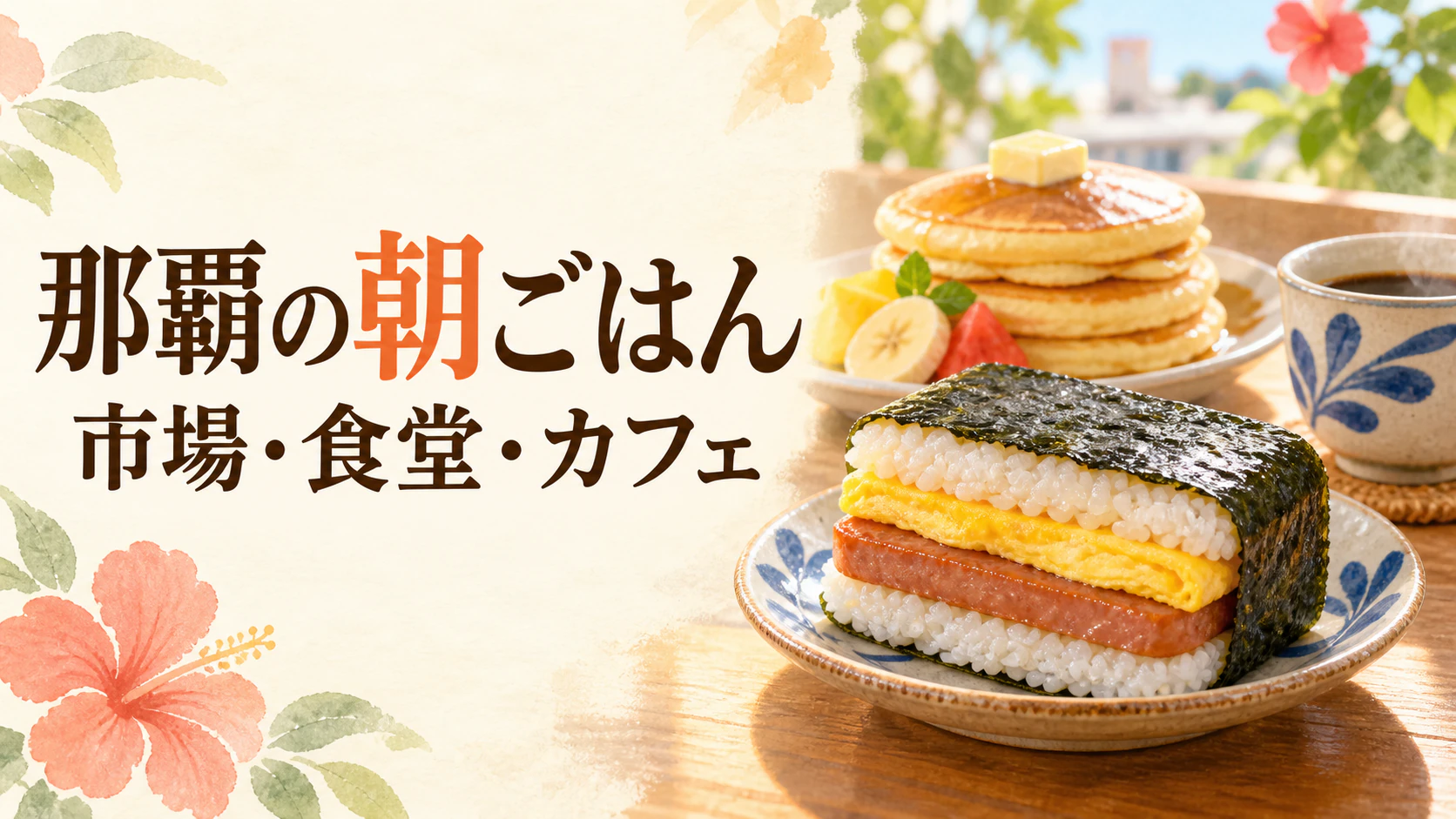朝の光の中に並ぶポークたまごおにぎり、パンケーキとコーヒーのイラスト