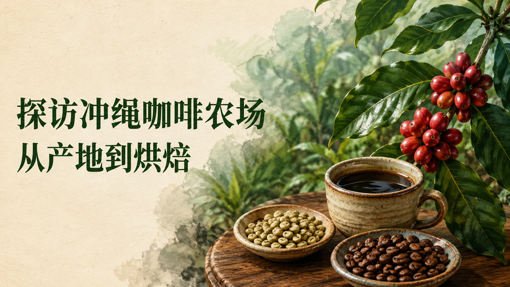 以红色咖啡果、烘焙豆和咖啡杯表现农场体验的插画
