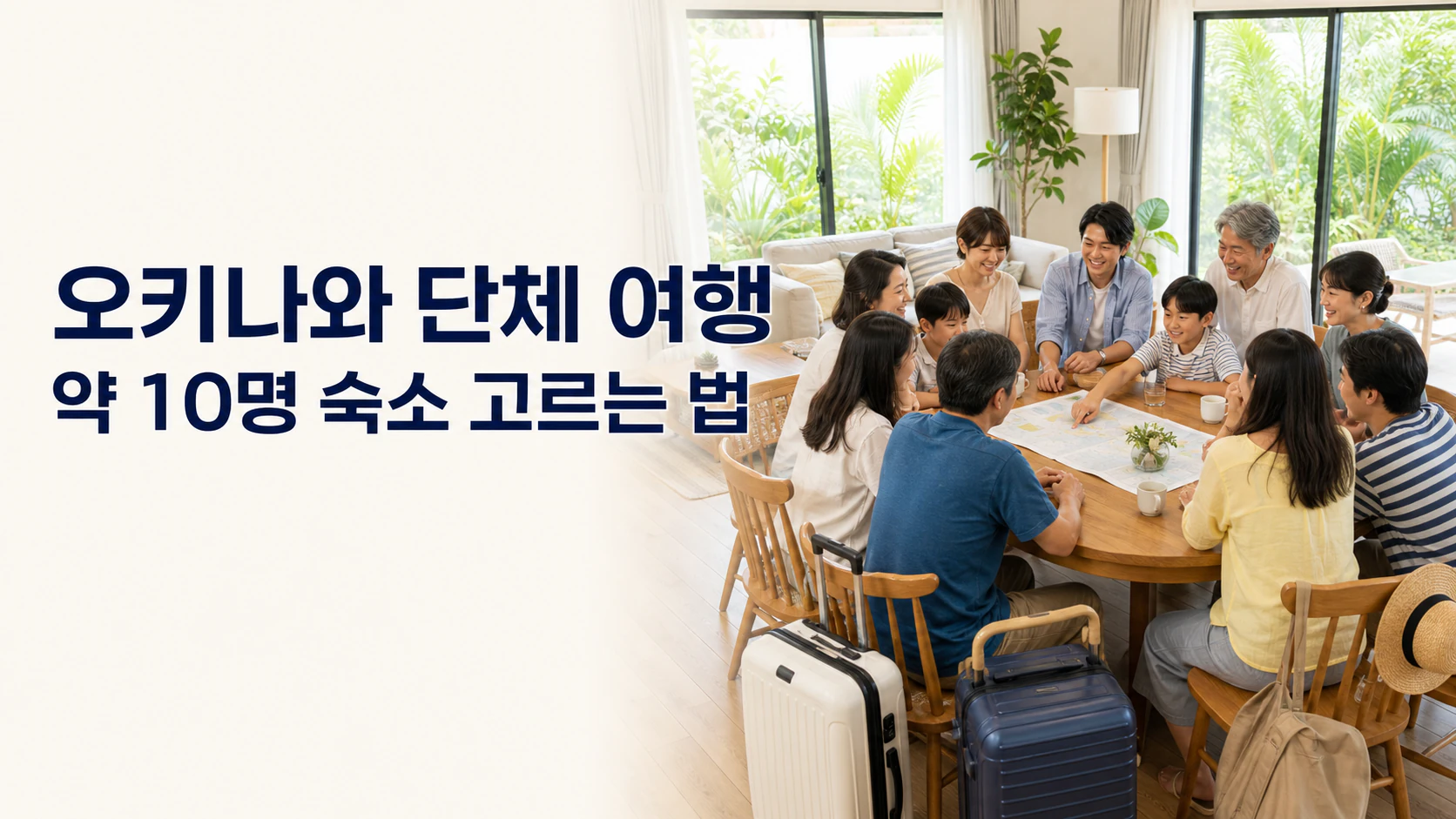 오키나와 독채 숙소의 거실에 모여 숙소 선택을 상의하는 대인원 여행객