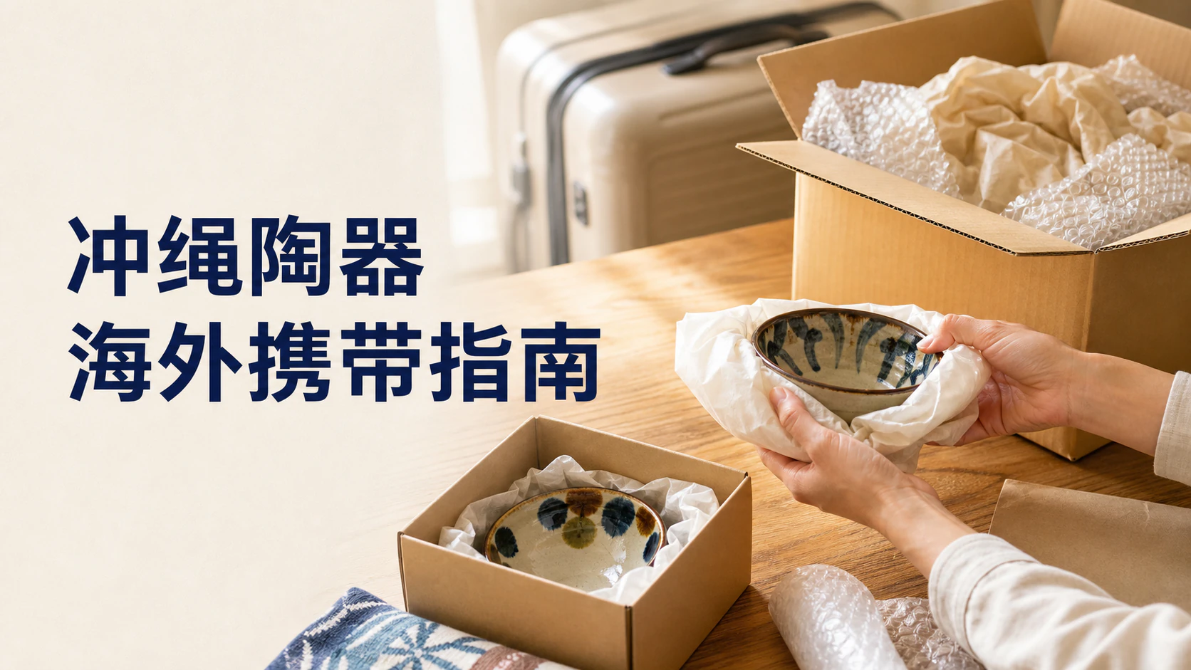 旅行者用缓冲材料和纸箱包装在冲绳购买的Yachimun，准备带往海外