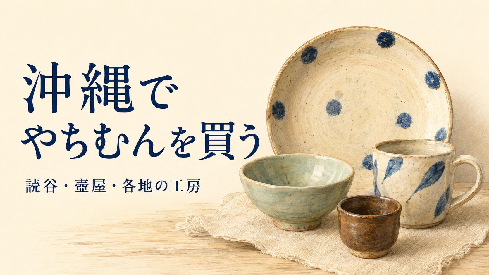 沖縄の器をイメージした皿、マグカップ、小鉢、小さなカップのイラスト