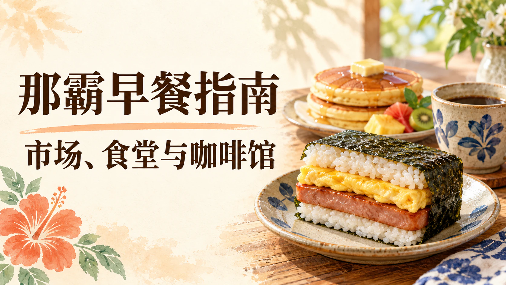 晨光下的猪肉鸡蛋饭团、松饼与咖啡插画